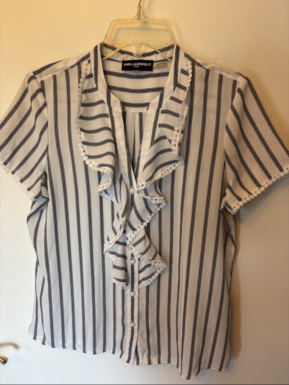 Karl Lagerfeld White Navy Vertical Stripe Ruffle Button-Front Blouse